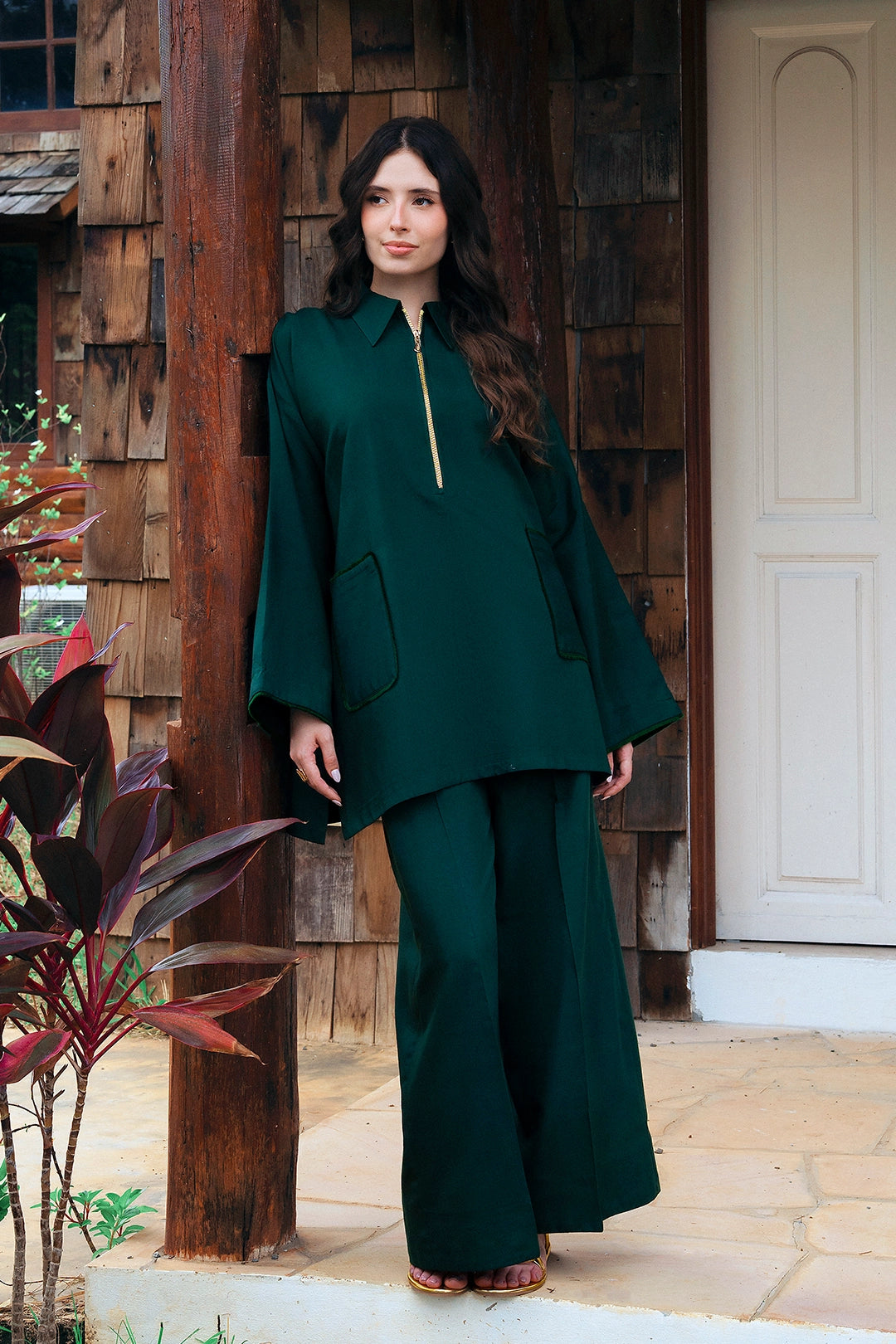 Aristo emerald green rayon silk 2-piece co-ord with gold zip placket | Panache West, view 1