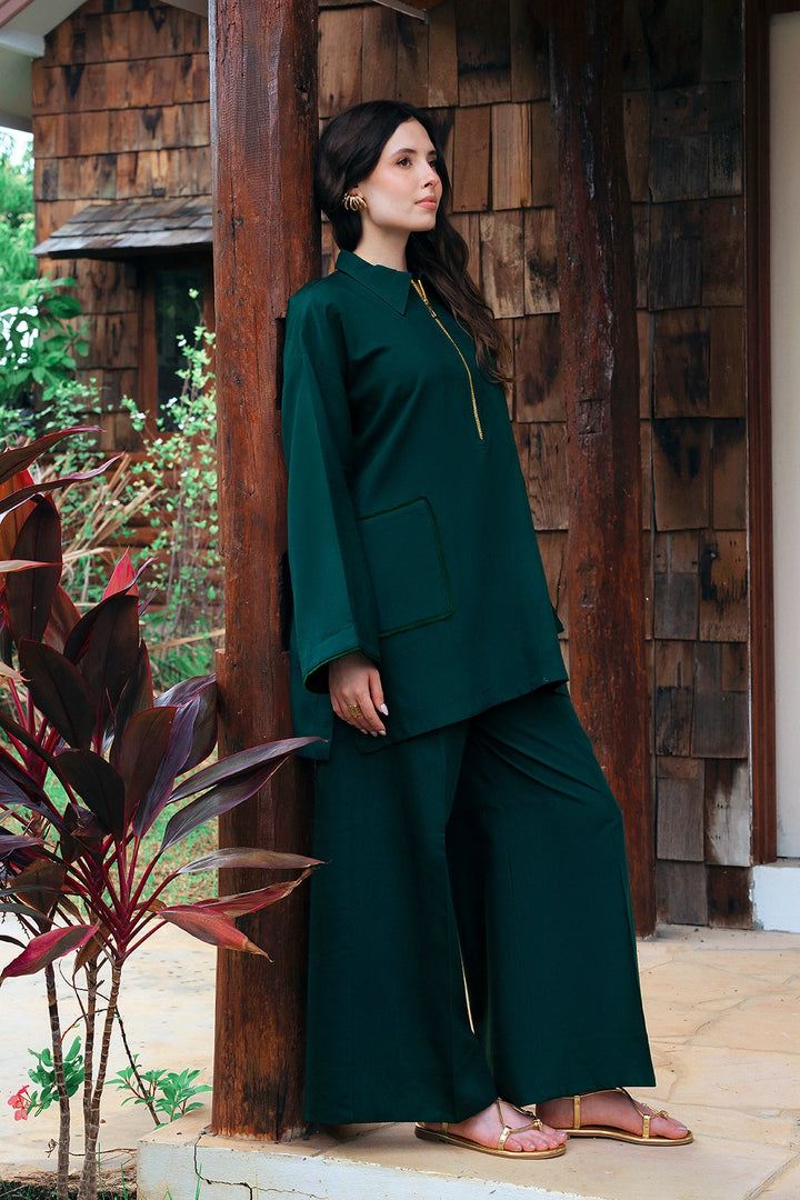 Aristo emerald green rayon silk 2-piece co-ord with gold zip placket | Panache West, view 5