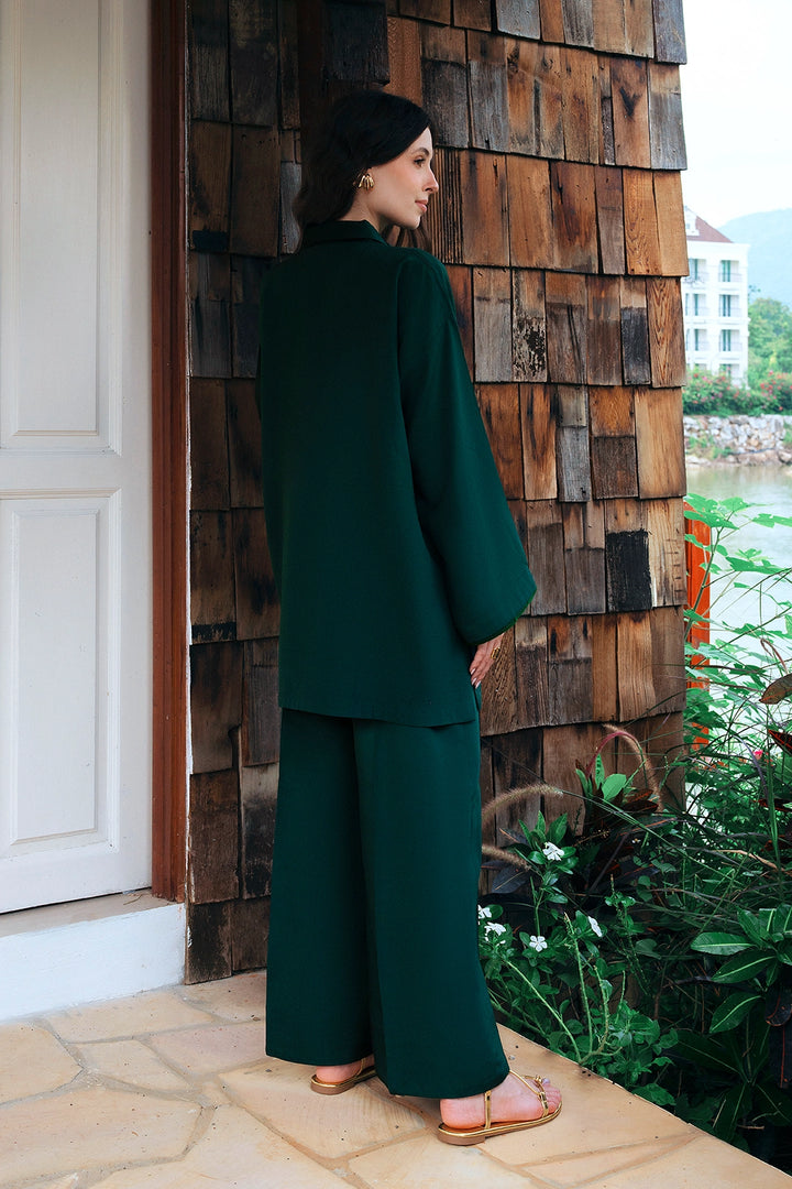 Aristo emerald green rayon silk 2-piece co-ord with gold zip placket | Panache West, view 4