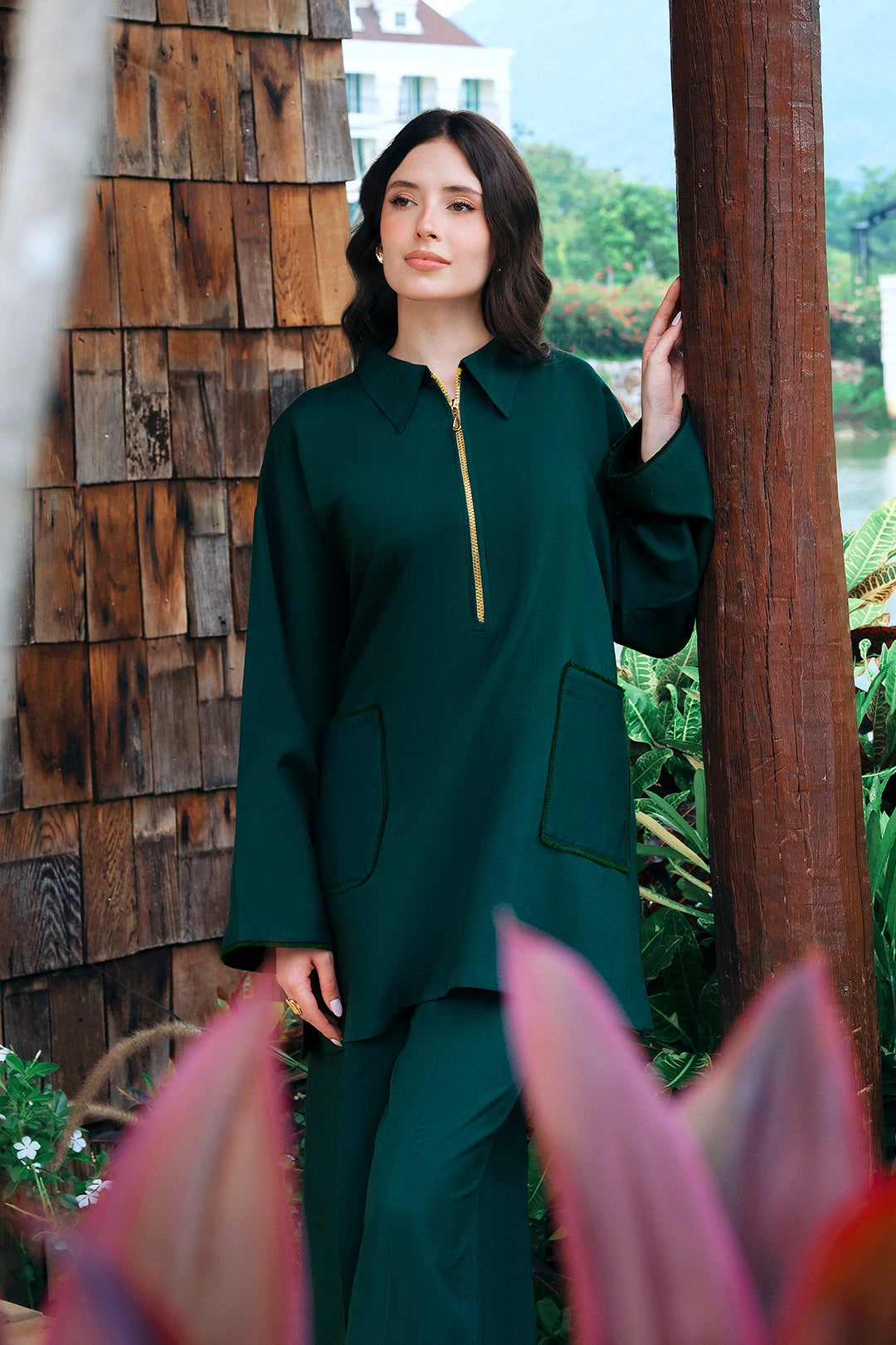 Aristo emerald green rayon silk 2-piece co-ord with gold zip placket | Panache West, view 6