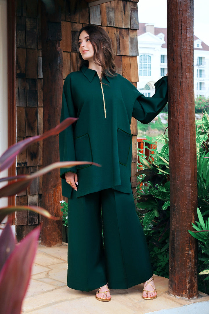Aristo emerald green rayon silk 2-piece co-ord with gold zip placket | Panache West, view 7