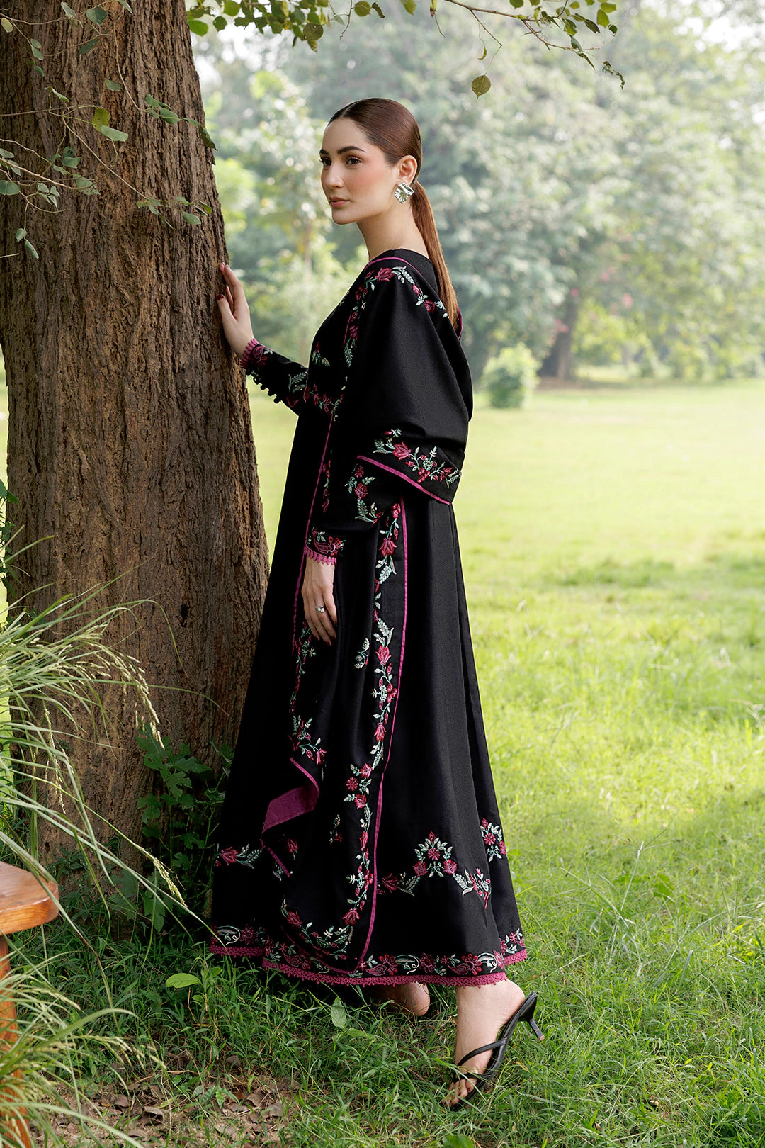 Night Bloom black premium karandi 3-piece with shirt, trouser and shawl, Panache Apparel Winter Garden - image 3 of 10