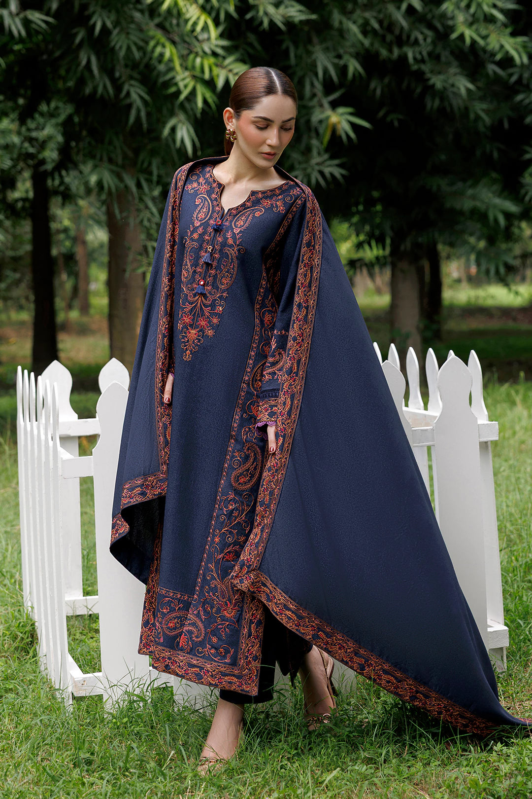Midnight Paisley navy blue premium karandi 3-piece with shirt, trouser and shawl, Panache Apparel Winter Garden - image 4 of 13