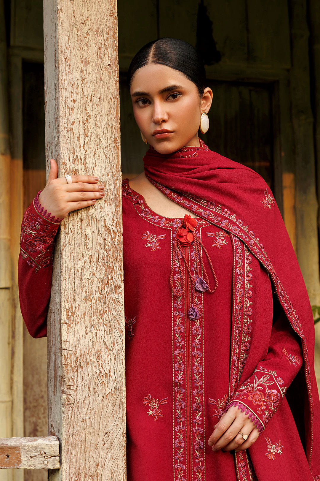 Crimson Grace crimson red premium karandi 3-piece with shirt, trouser and shawl, Panache Apparel Winter Garden - image 6 of 9