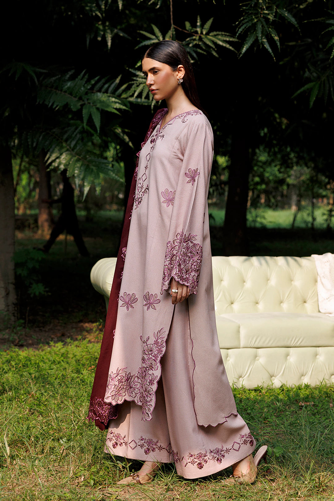 Vionne cream pink premium karandi 3-piece with plum shawl, Panache Apparel Winter Garden - image 5 of 8