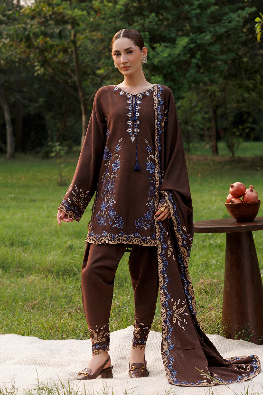 Cocoa Vine chocolate brown premium karandi 3-piece with shirt, trouser and shawl, Panache Apparel Winter Garden - image 1 of 7
