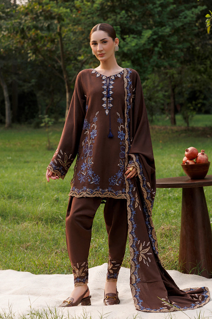 Cocoa Vine chocolate brown premium karandi 3-piece with shirt, trouser and shawl, Panache Apparel Winter Garden - image 1 of 7