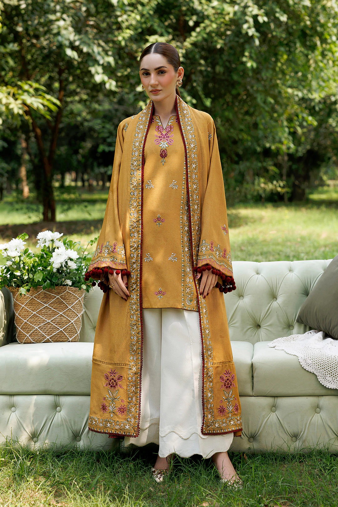 Amber Muse mustard premium karandi 3-piece with shirt, trouser and shawl, Panache Apparel Winter Garden - image 3 of 11