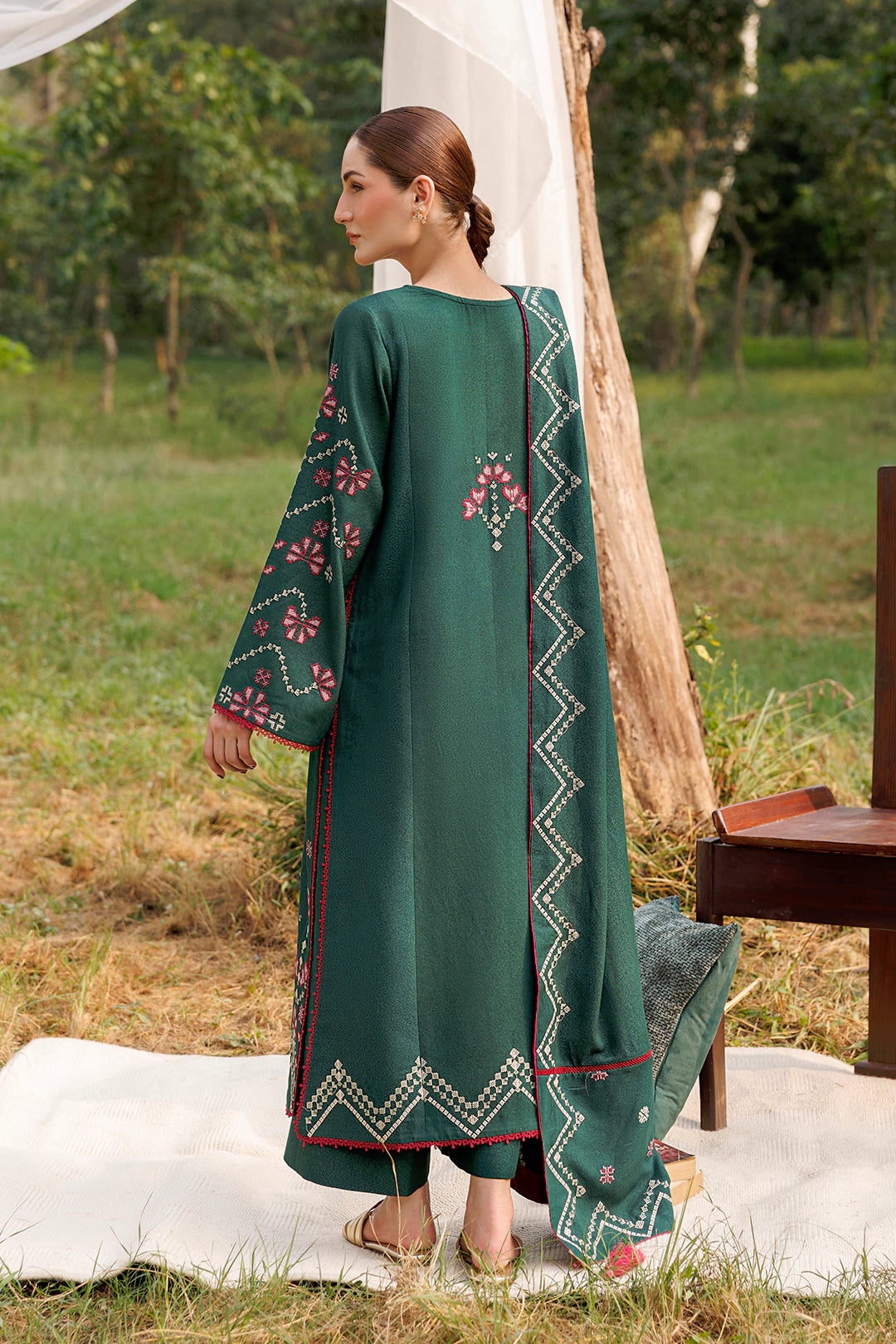 Emerald Dawn emerald green premium karandi 3-piece with shirt, trouser and shawl, Panache Apparel Winter Garden - image 3 of 10