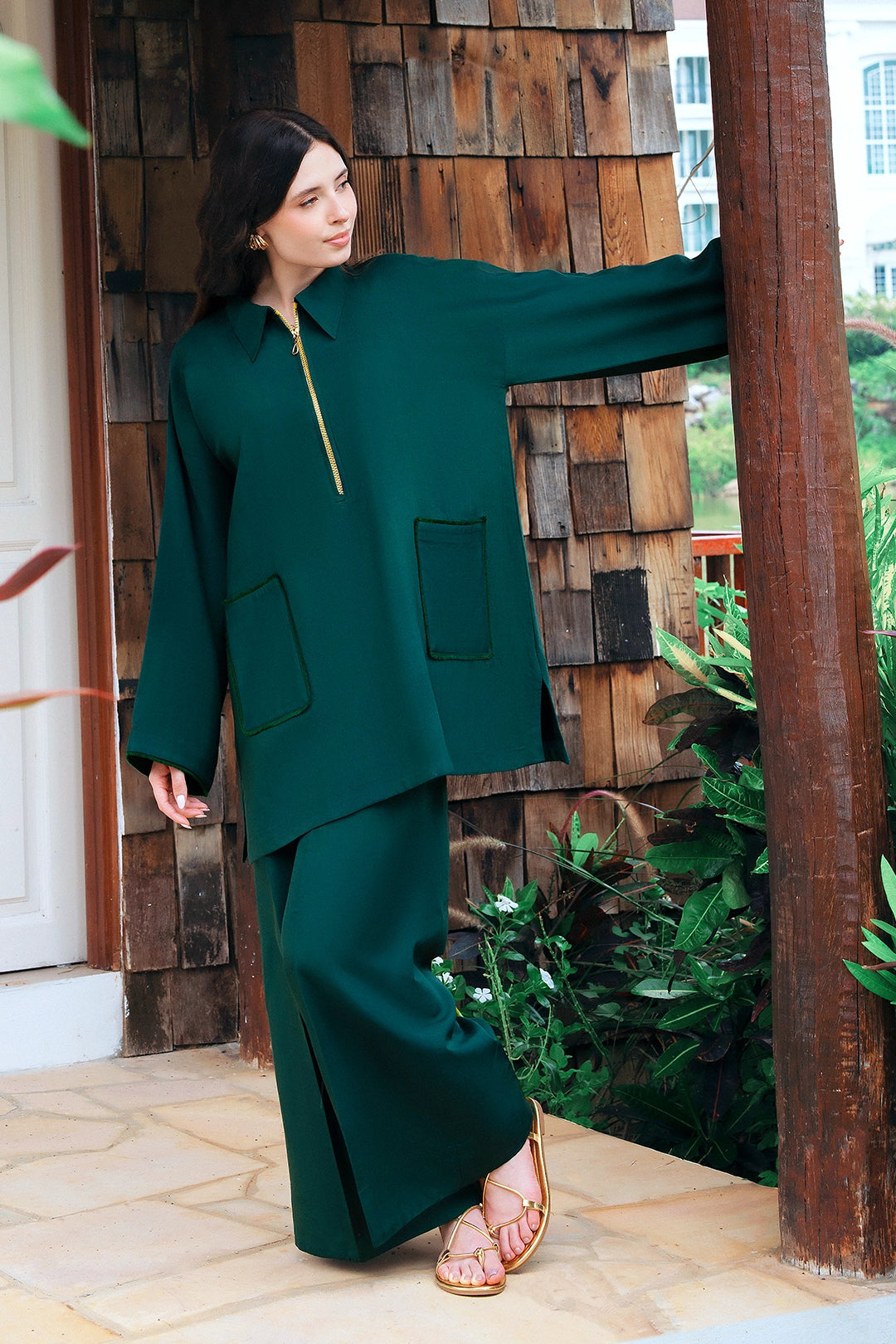Aristo emerald green rayon silk 2-piece co-ord with gold zip placket | Panache West, view 3