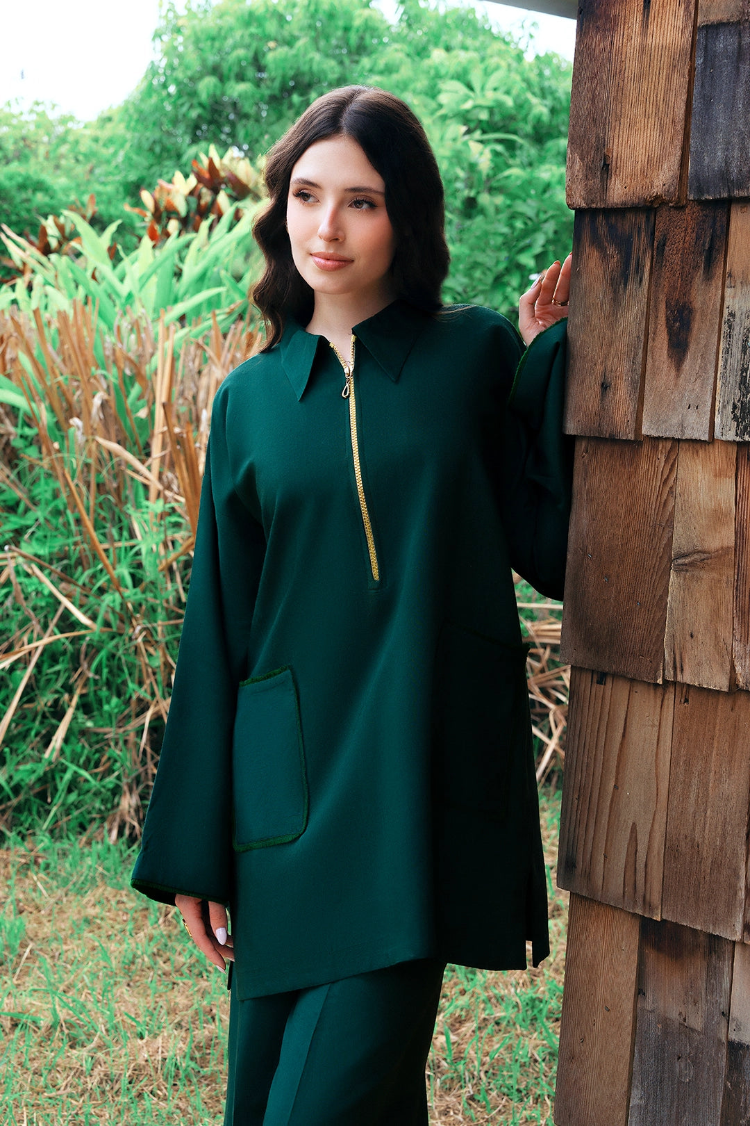 Aristo emerald green rayon silk 2-piece co-ord with gold zip placket | Panache West, view 2