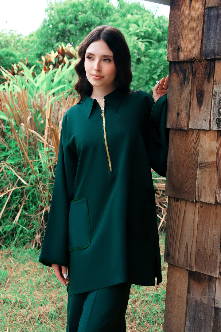 Aristo emerald green rayon silk 2-piece co-ord with gold zip placket | Panache West, view 2