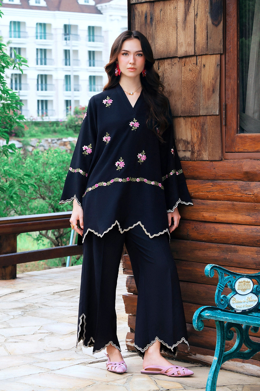 Elite black rayon silk 2-piece co-ord with pink floral embroidery and ivory scalloped trim | Panache West, view 1