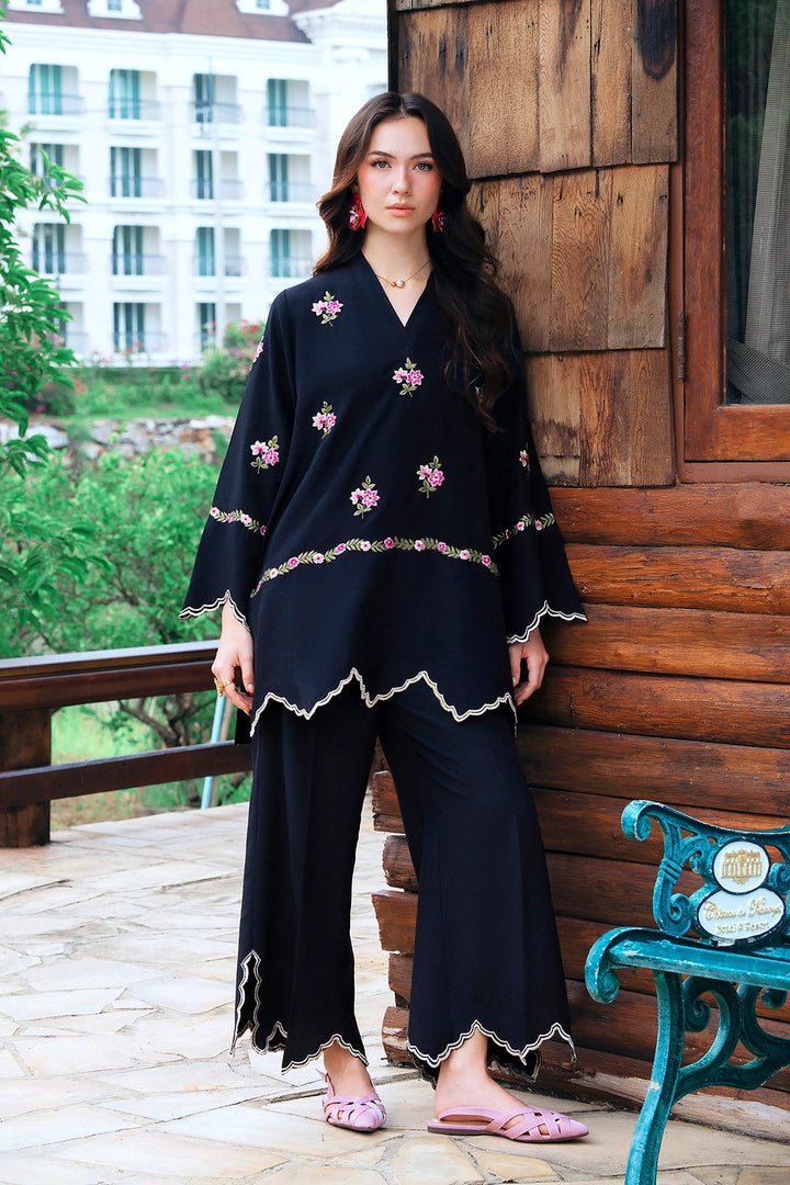 Elite black rayon silk 2-piece co-ord with pink floral embroidery and ivory scalloped trim | Panache West, view 1
