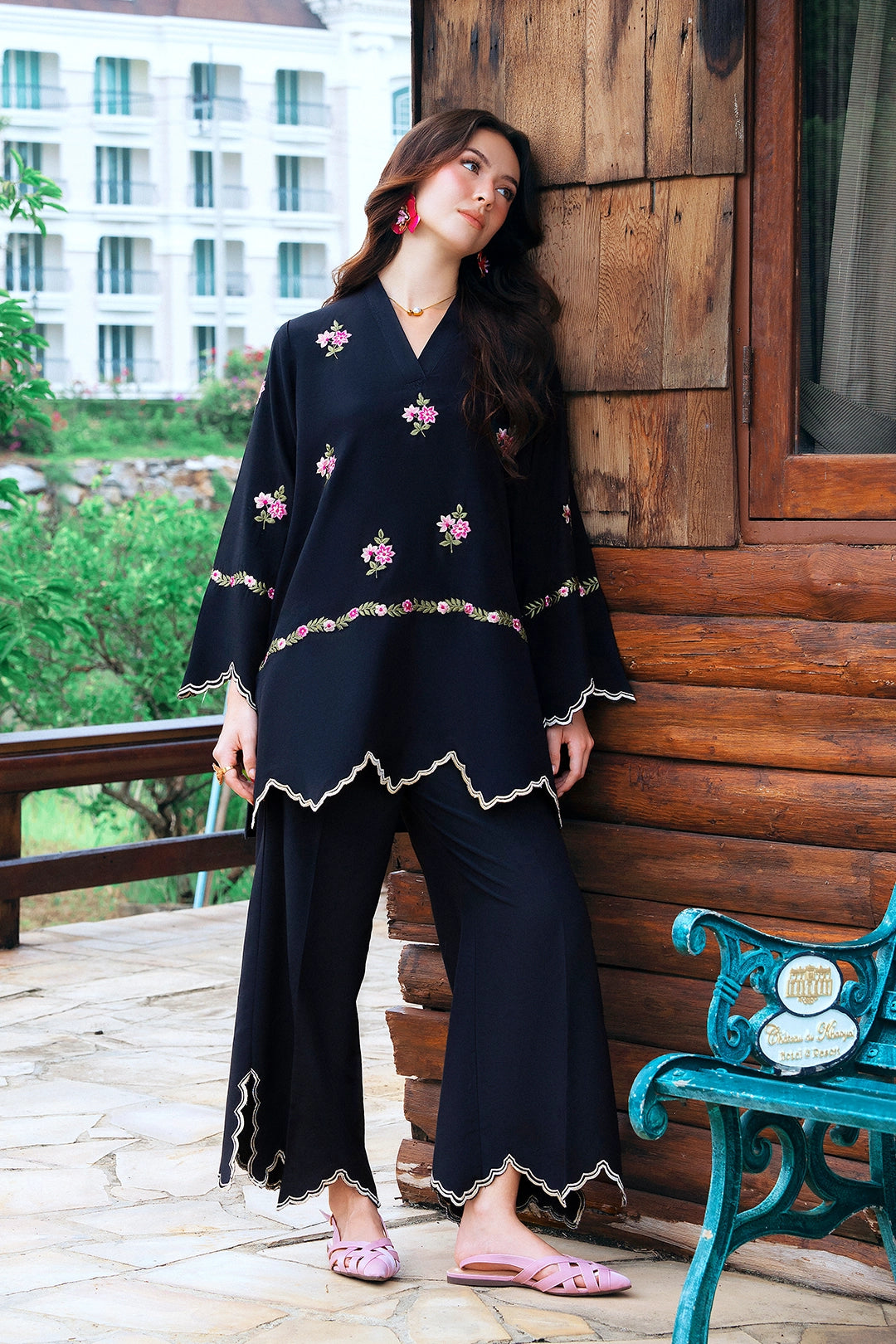 Elite black rayon silk 2-piece co-ord with pink floral embroidery and ivory scalloped trim | Panache West, view 3