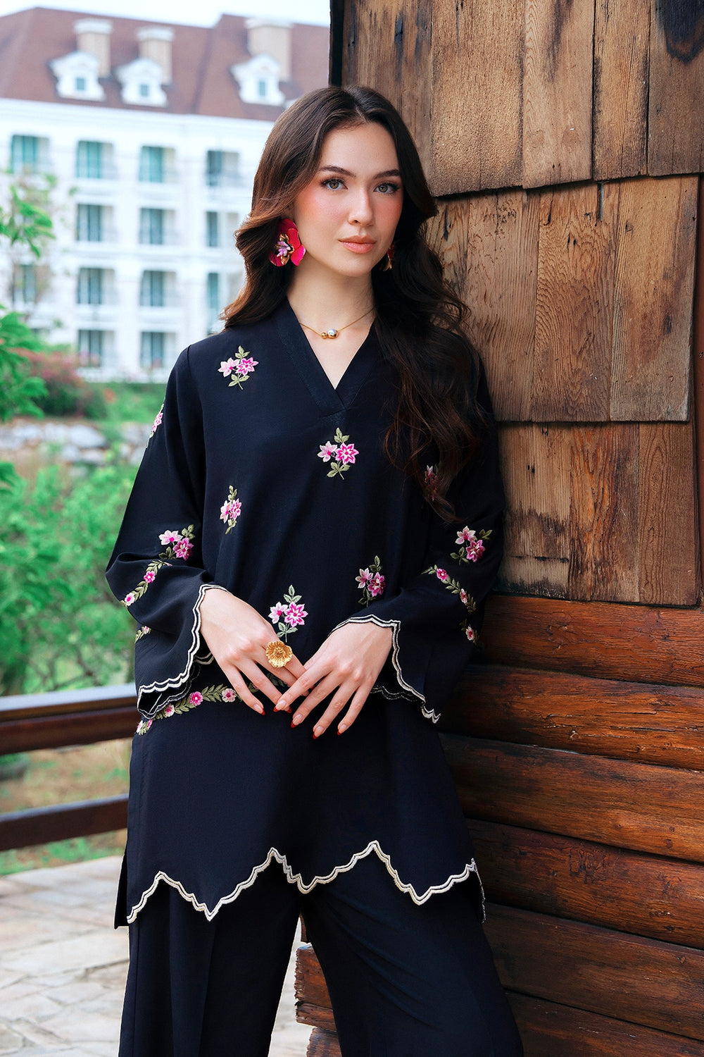 Elite black rayon silk 2-piece co-ord with pink floral embroidery and ivory scalloped trim | Panache West, view 2