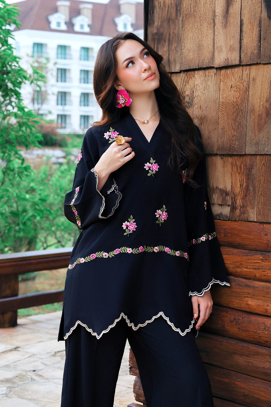 Elite black rayon silk 2-piece co-ord with pink floral embroidery and ivory scalloped trim | Panache West, view 4
