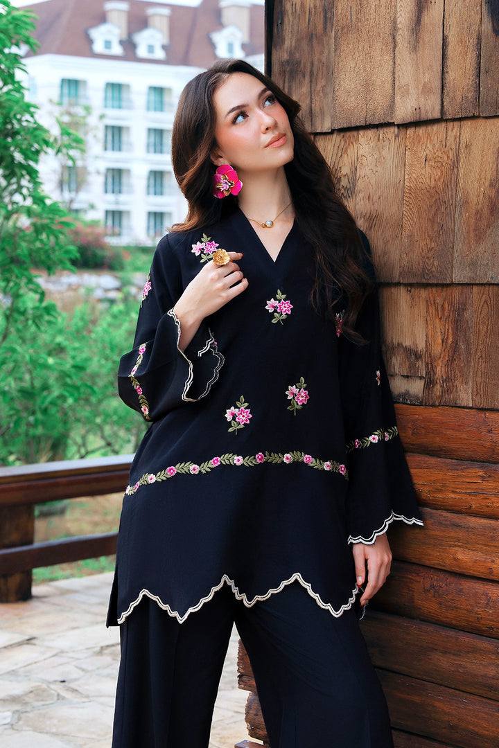 Elite black rayon silk 2-piece co-ord with pink floral embroidery and ivory scalloped trim | Panache West, view 4
