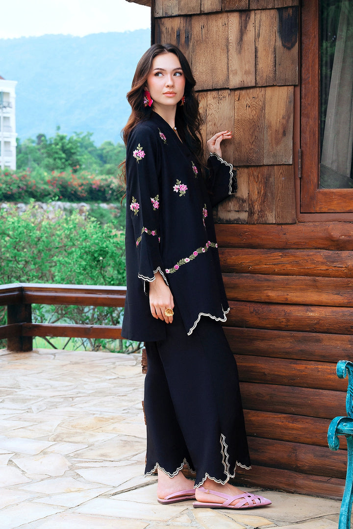 Elite black rayon silk 2-piece co-ord with pink floral embroidery and ivory scalloped trim | Panache West, view 5