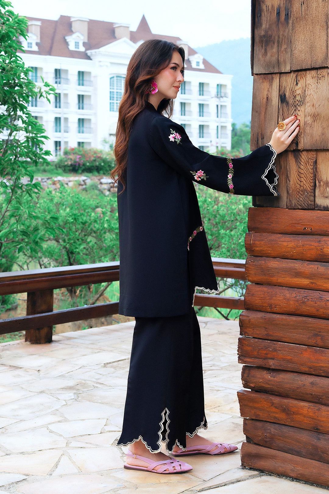 Elite black rayon silk 2-piece co-ord with pink floral embroidery and ivory scalloped trim | Panache West, view 6