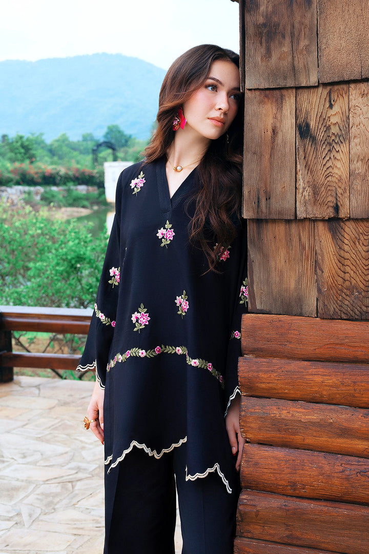 Elite black rayon silk 2-piece co-ord with pink floral embroidery and ivory scalloped trim | Panache West, view 7