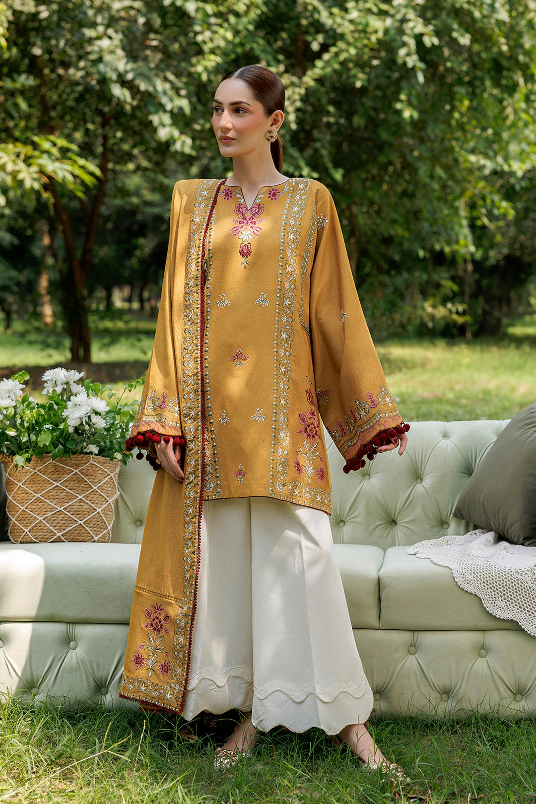 Amber Muse mustard premium karandi 3-piece with shirt, trouser and shawl, Panache Apparel Winter Garden - image 2 of 11