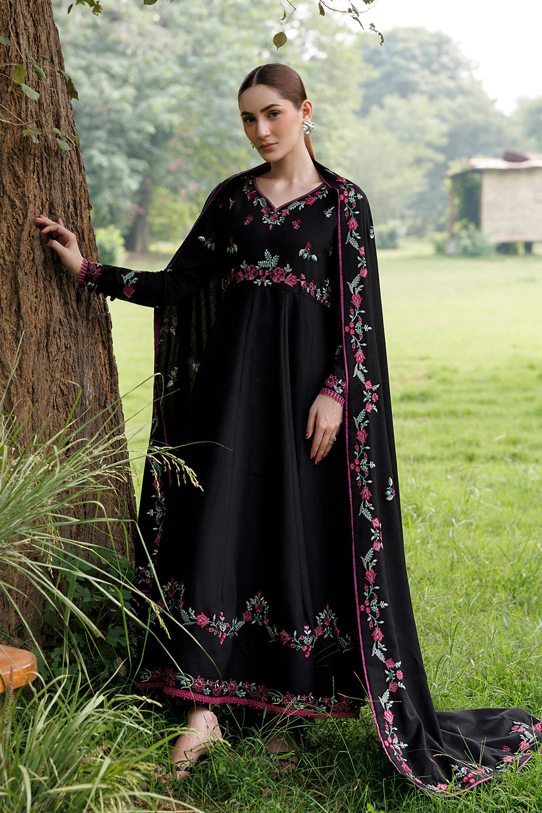 Night Bloom black premium karandi 3-piece with shirt, trouser and shawl, Panache Apparel Winter Garden - image 4 of 10