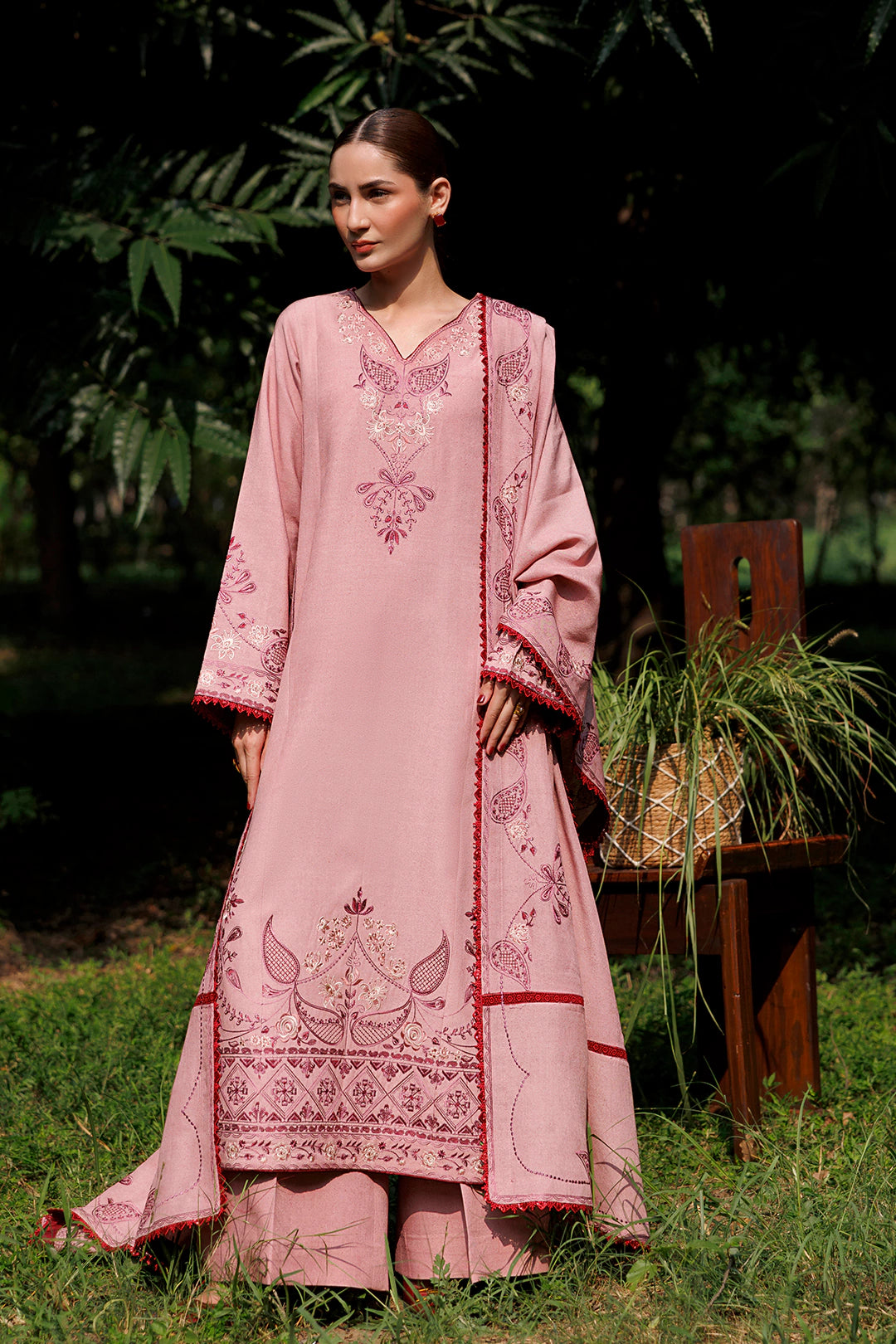 Dusty Rose dusty pink premium karandi 3-piece with shirt, trouser and shawl, Panache Apparel Winter Garden - image 1 of 10