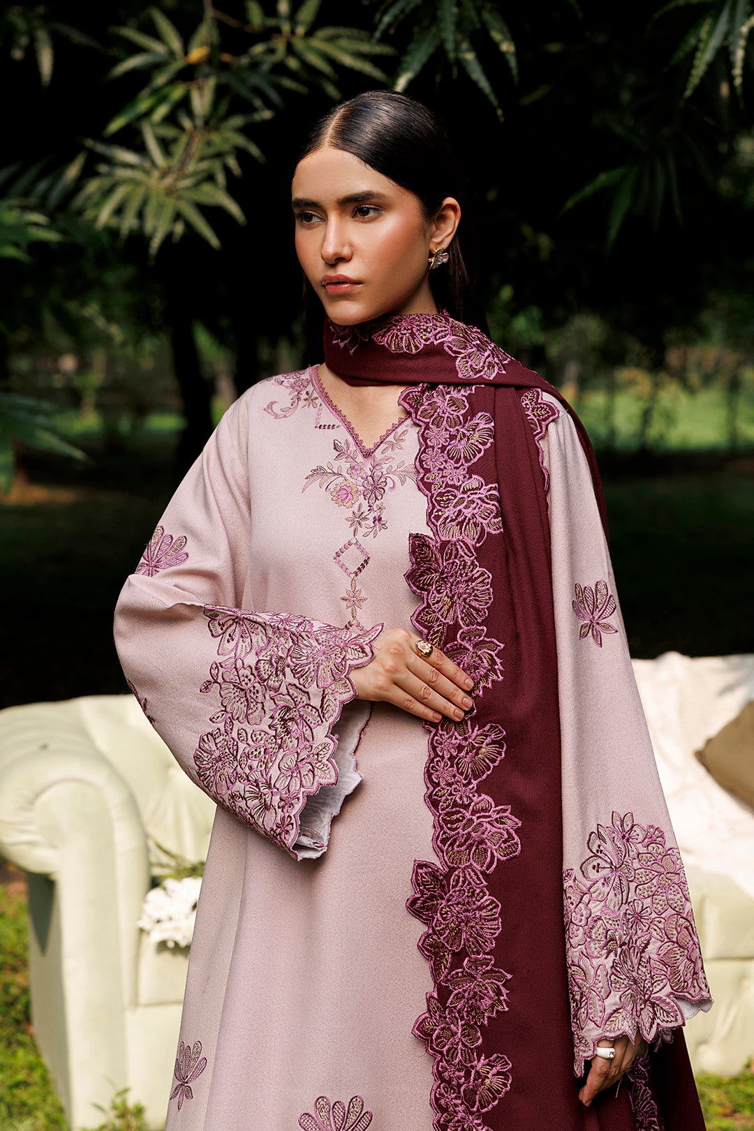 Vionne cream pink premium karandi 3-piece with plum shawl, Panache Apparel Winter Garden - image 6 of 8