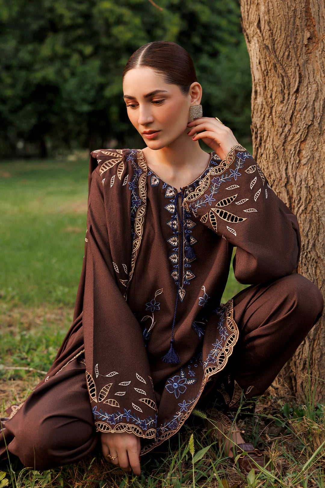 Cocoa Vine chocolate brown premium karandi 3-piece with shirt, trouser and shawl, Panache Apparel Winter Garden - image 7 of 7