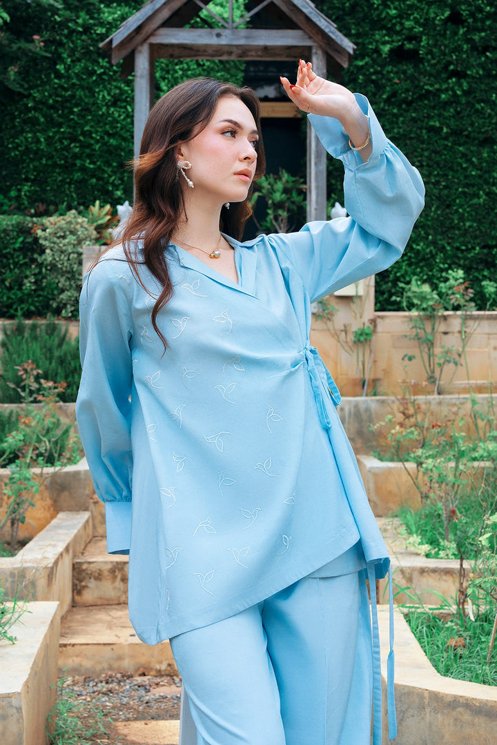 Tunica sky blue rayon silk wrap-style 2-piece co-ord with side tie | Panache West, view 8