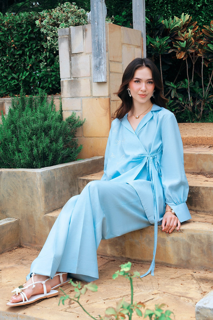 Tunica sky blue rayon silk wrap-style 2-piece co-ord with side tie | Panache West, view 9