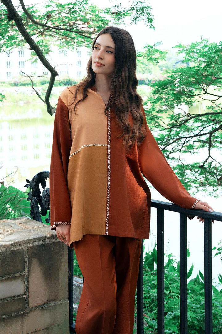 Ochre rust, ochre and sand colour-block rayon silk 2-piece co-ord | Panache West, view 2