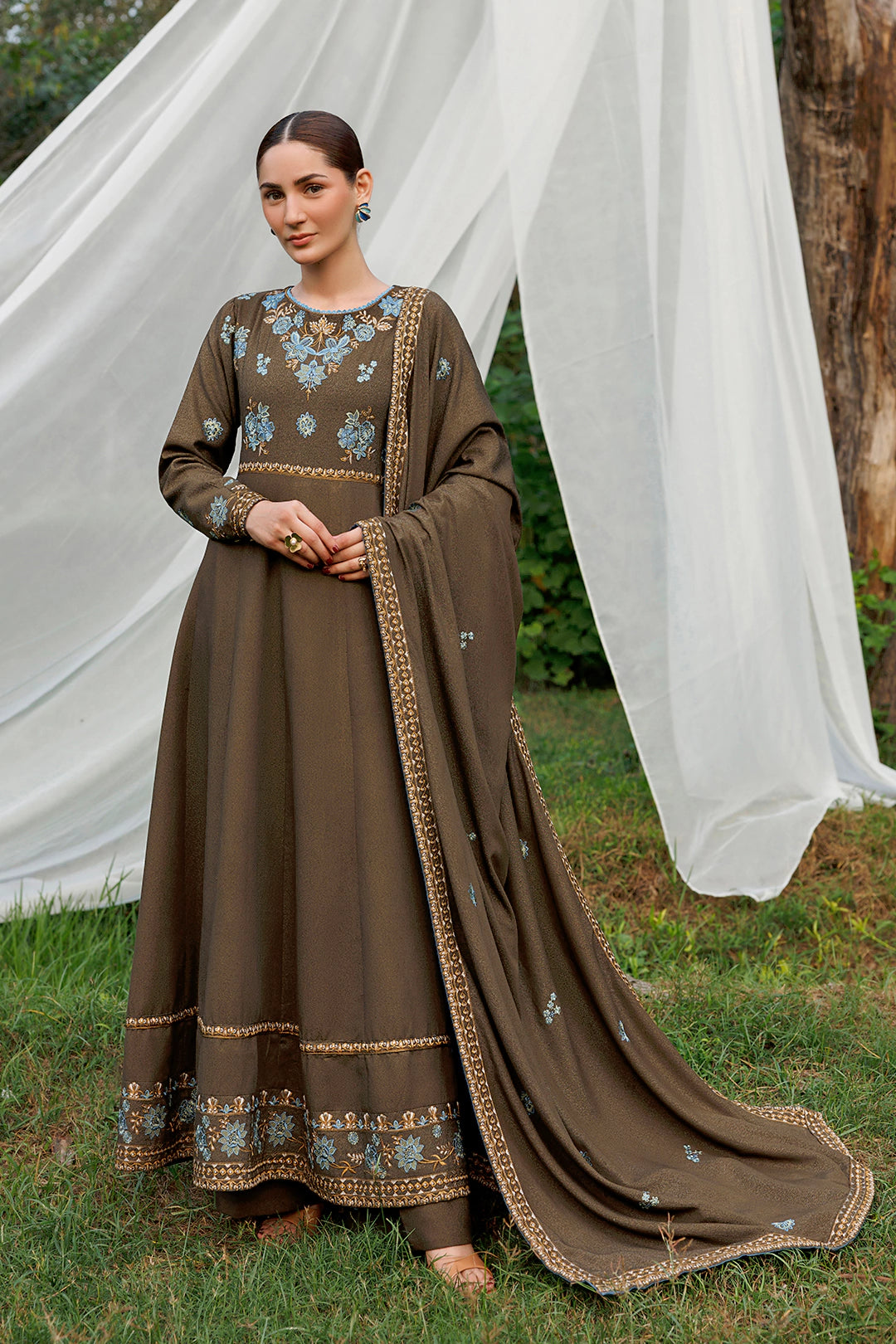Olive Poise olive brown premium karandi 3-piece with shirt, trouser and shawl, Panache Apparel Winter Garden - image 1 of 8