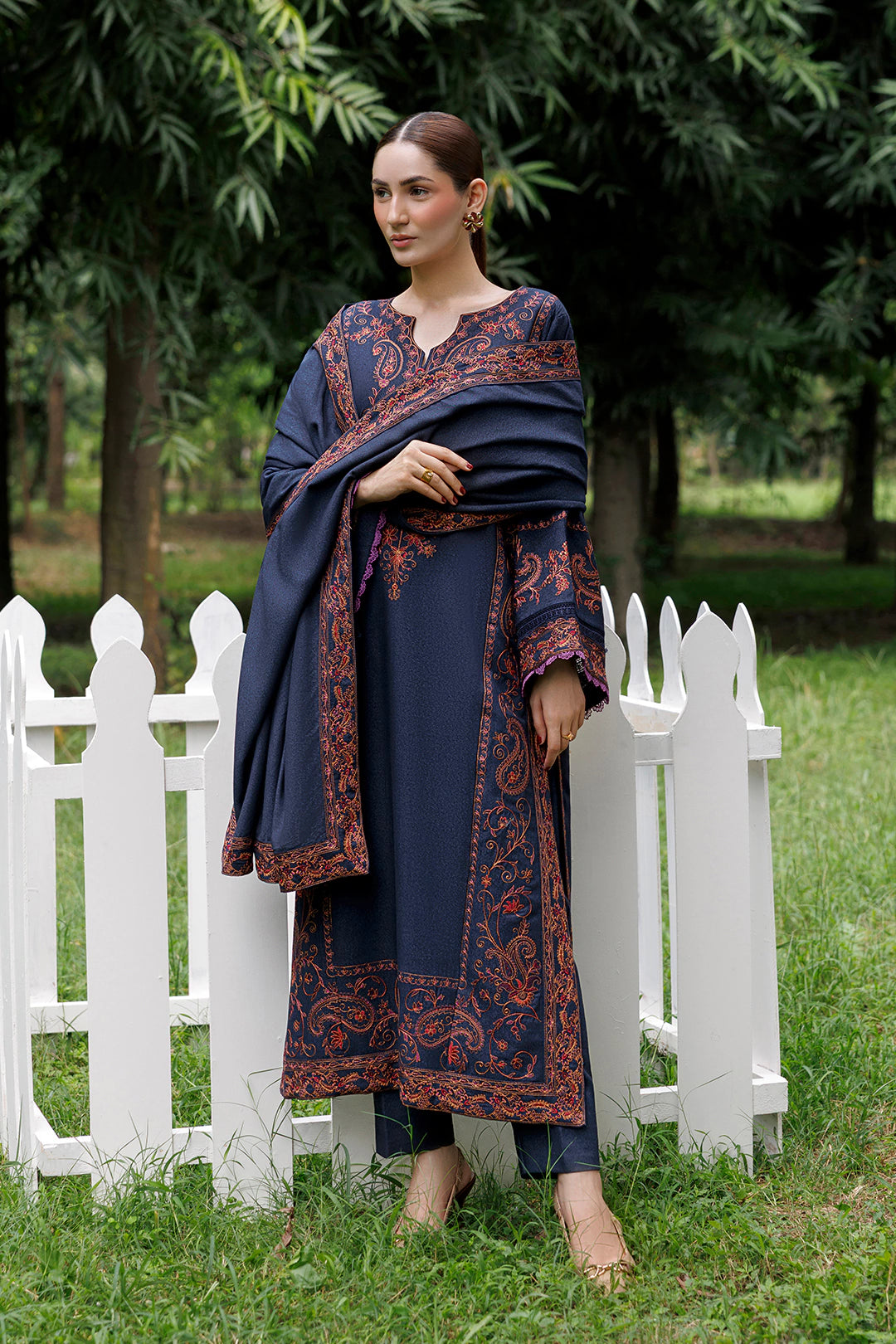 Midnight Paisley navy blue premium karandi 3-piece with shirt, trouser and shawl, Panache Apparel Winter Garden - image 8 of 13