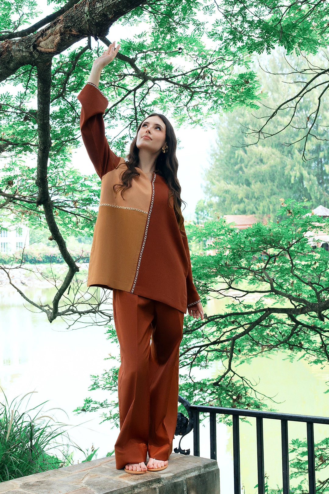 Ochre rust, ochre and sand colour-block rayon silk 2-piece co-ord | Panache West, view 3