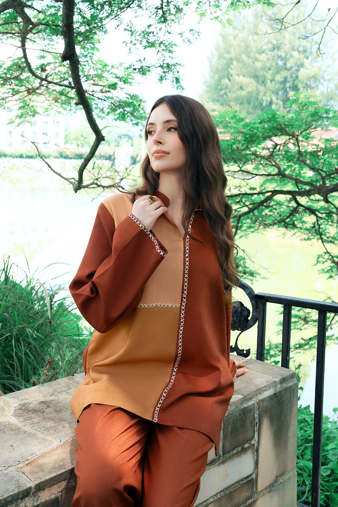 Ochre rust, ochre and sand colour-block rayon silk 2-piece co-ord | Panache West, view 4