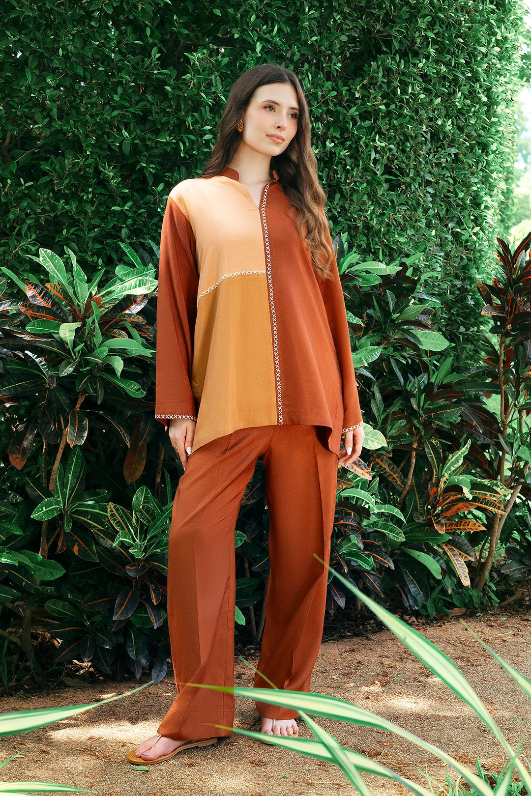 Ochre rust, ochre and sand colour-block rayon silk 2-piece co-ord | Panache West, view 1