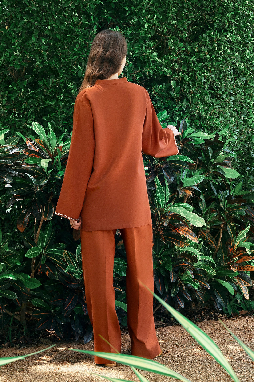 Ochre rust, ochre and sand colour-block rayon silk 2-piece co-ord | Panache West, view 6