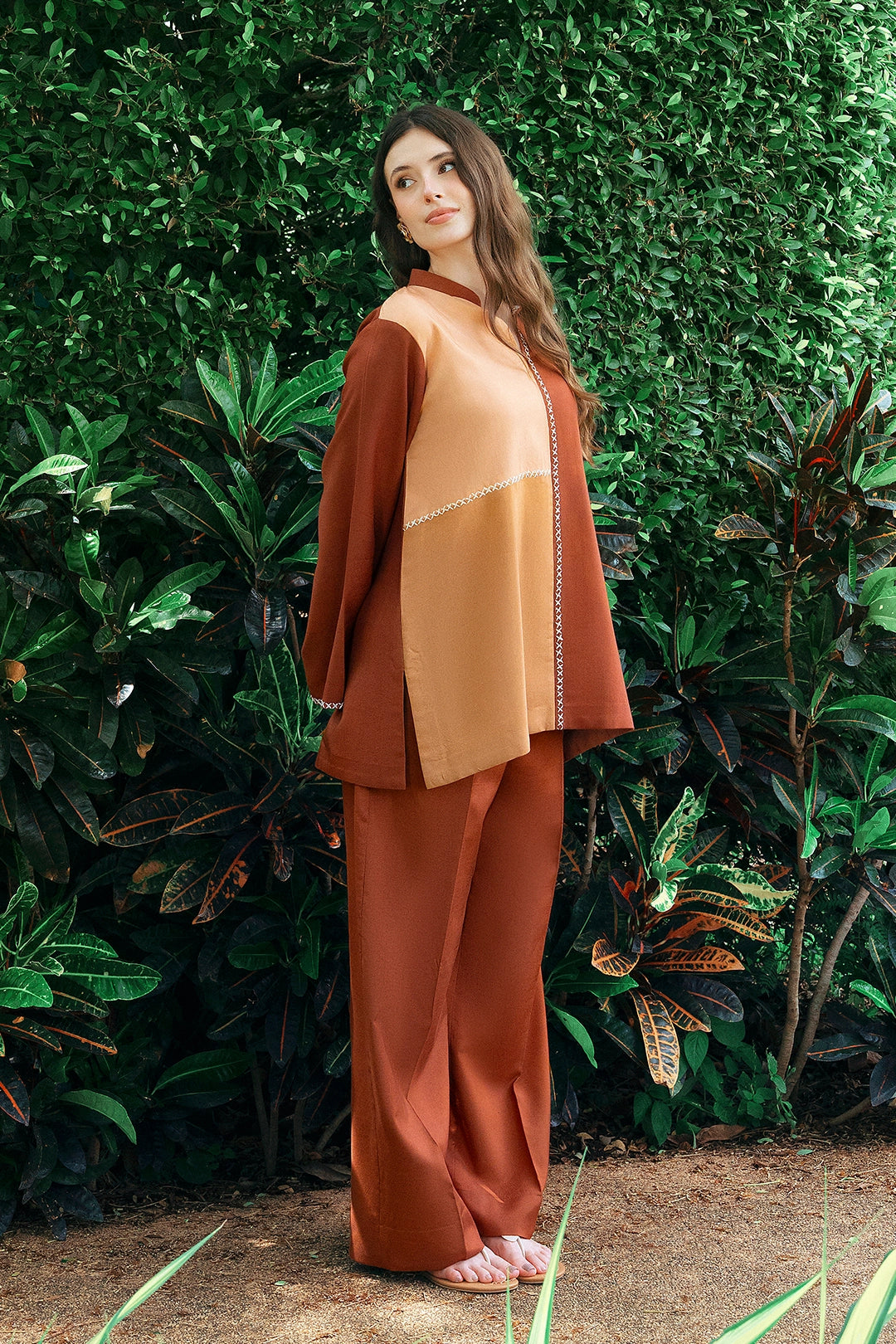 Ochre rust, ochre and sand colour-block rayon silk 2-piece co-ord | Panache West, view 7