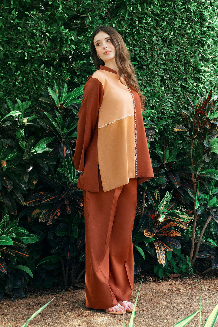 Ochre rust, ochre and sand colour-block rayon silk 2-piece co-ord | Panache West, view 7