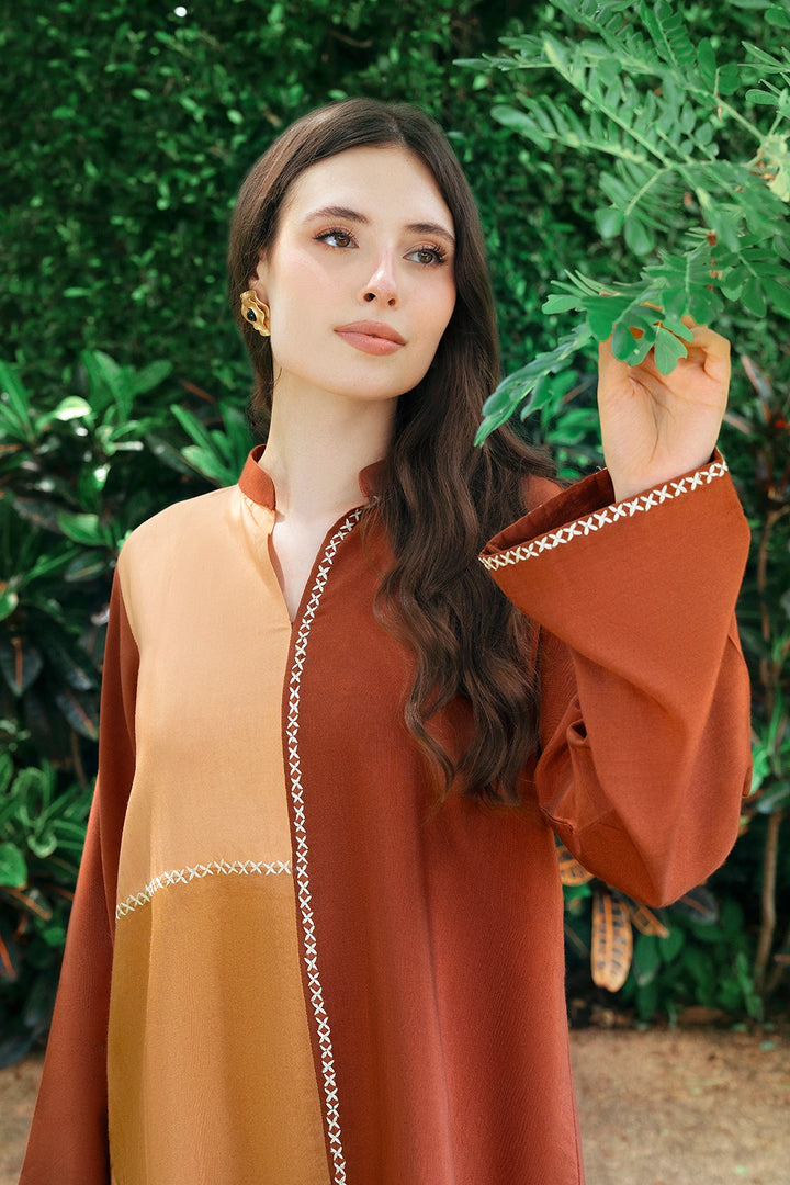Ochre rust, ochre and sand colour-block rayon silk 2-piece co-ord | Panache West, view 8