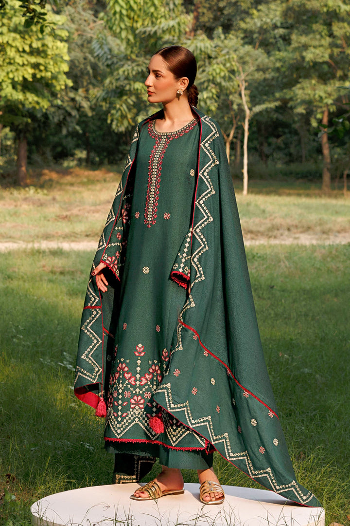 Emerald Dawn emerald green premium karandi 3-piece with shirt, trouser and shawl, Panache Apparel Winter Garden - image 4 of 10
