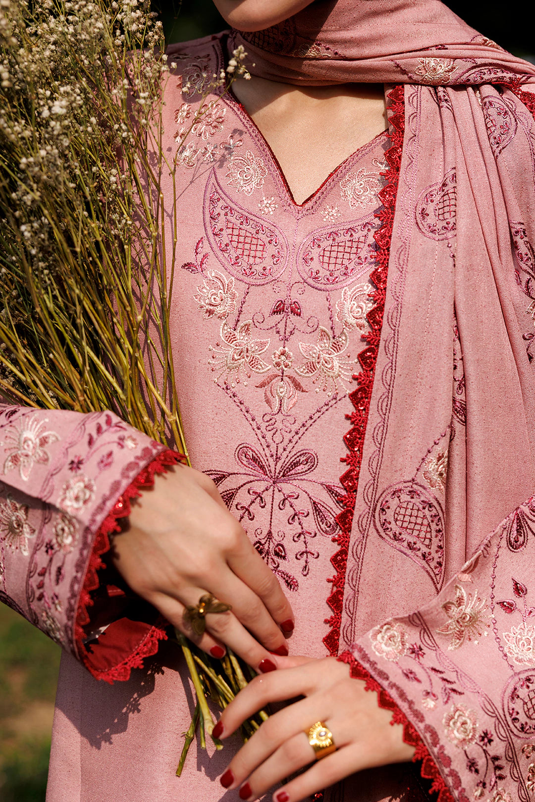 Dusty Rose dusty pink premium karandi 3-piece with shirt, trouser and shawl, Panache Apparel Winter Garden - image 9 of 10