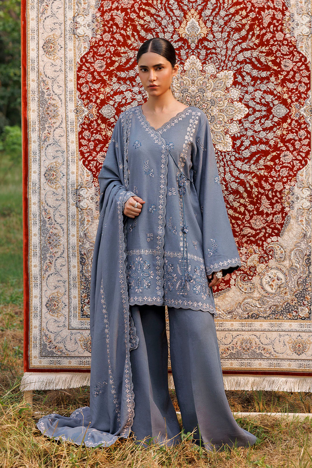 Slate Grace slate blue premium karandi 3-piece with shirt, trouser and shawl, Panache Apparel Winter Garden - image 2 of 9